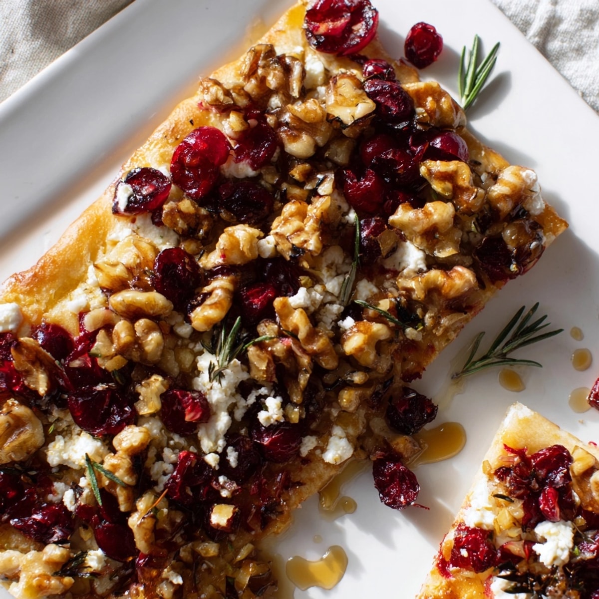 Golden-brown Cranberry Walnut Flatbread fresh from the oven, drizzled with honey and rosemary.