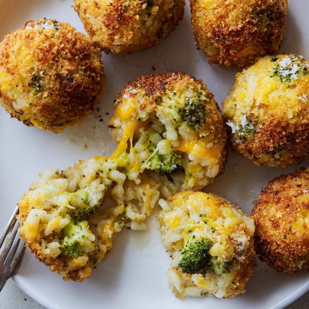 Crispy fried Cheddar Broccoli Rice Balls, golden brown and cheesy, ready for dipping.