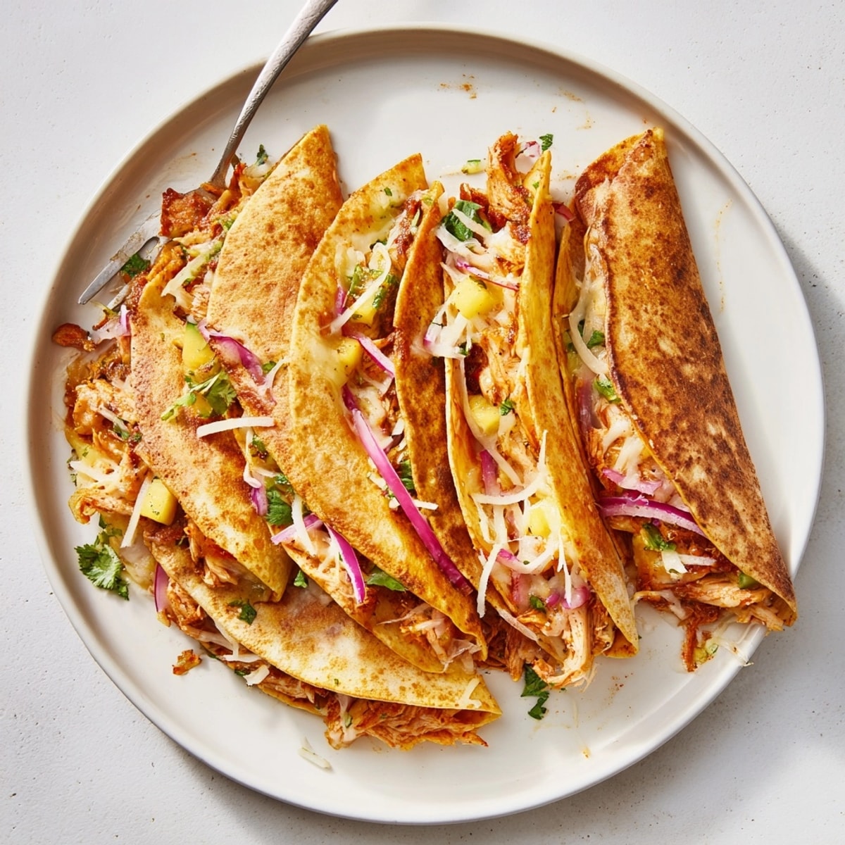 Spicy mango chipotle chicken quesadillas recipe: Melty cheese, vibrant mango, chipotle chicken.