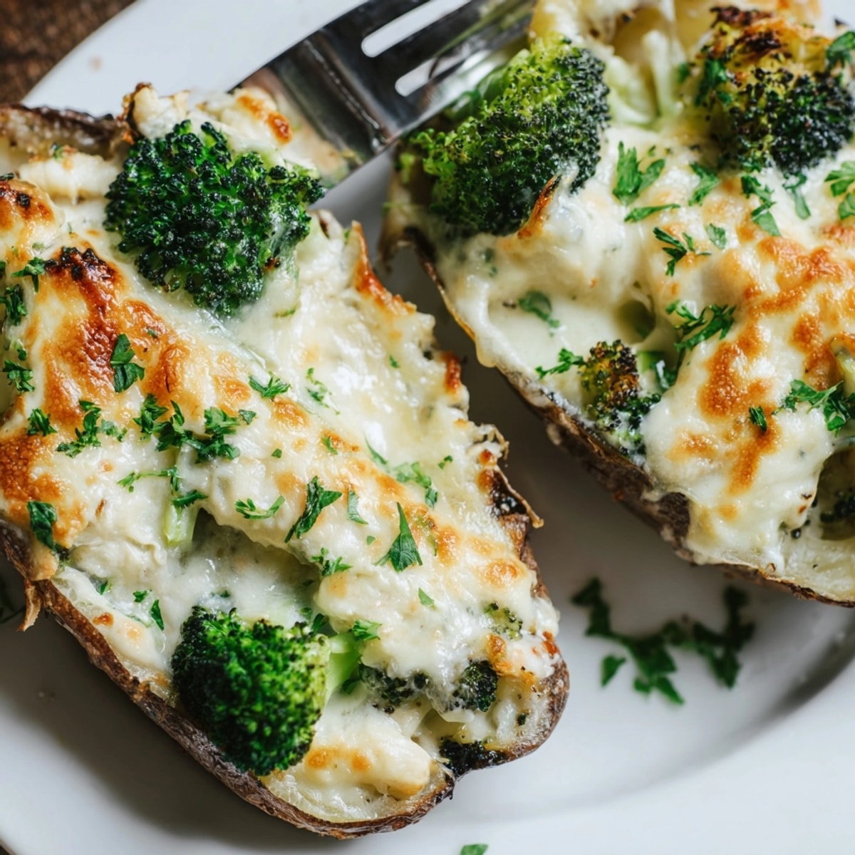 View of bubbly, cheesy Alfredo Broccoli Stuffed Potato Skins, a delicious vegetarian meal.