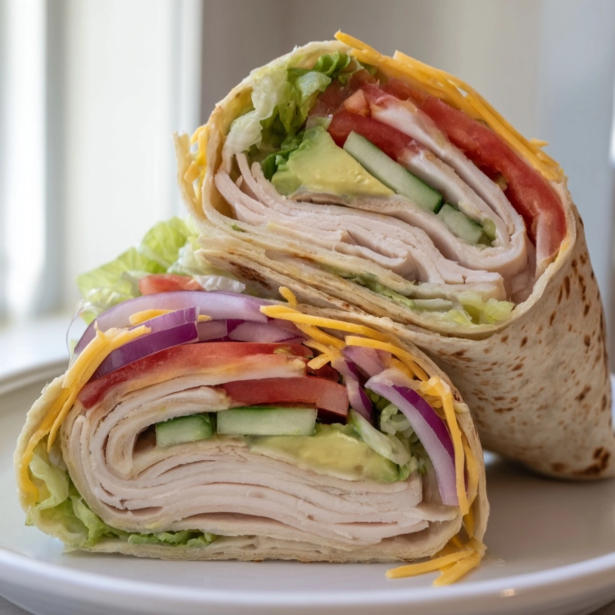 Creamy Avocado Ranch Turkey Wraps, a quick lunch with crisp veggies and cheddar cheese.