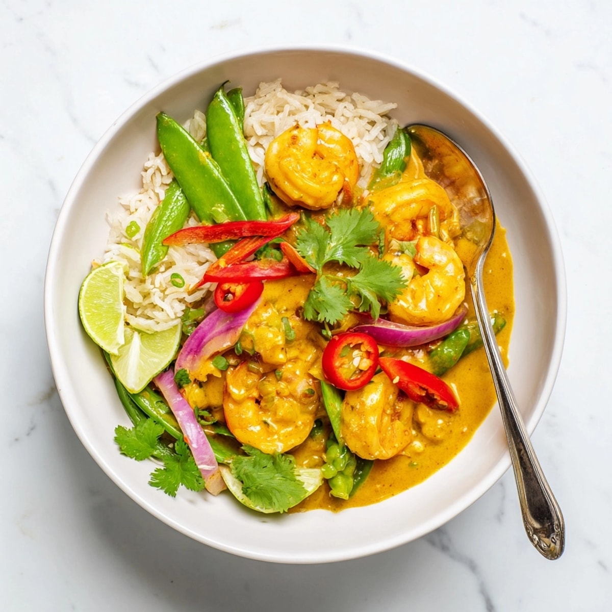 A bowl of Shrimp Coconut Curry with bright red peppers, garnished with fresh cilantro.