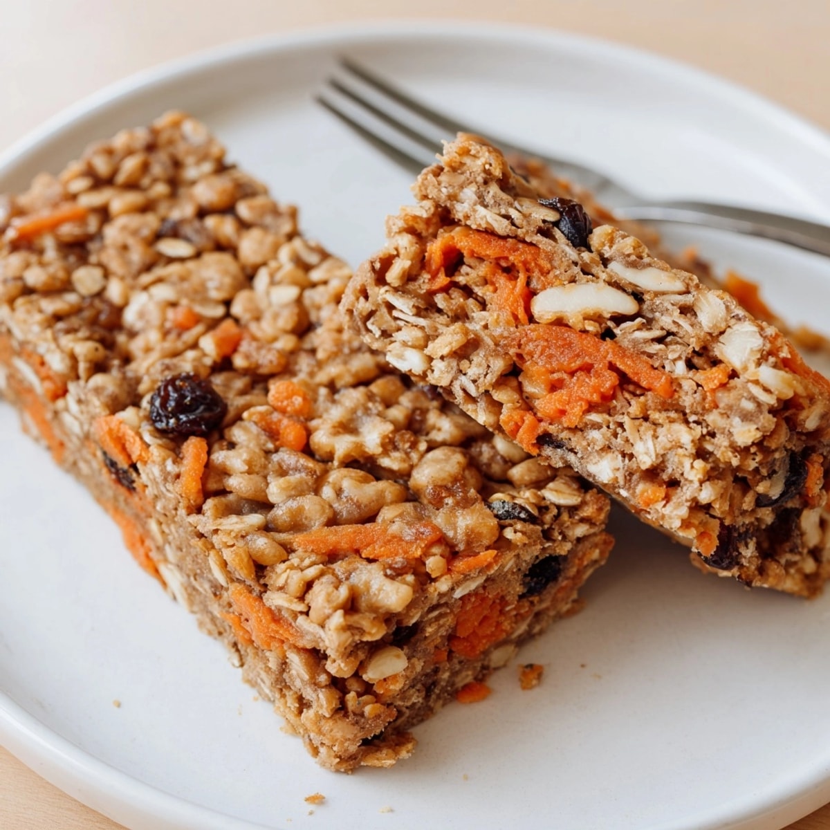 Warm, fragrant Protein Carrot Cake Oat Bars cooling in a parchment-lined baking pan.