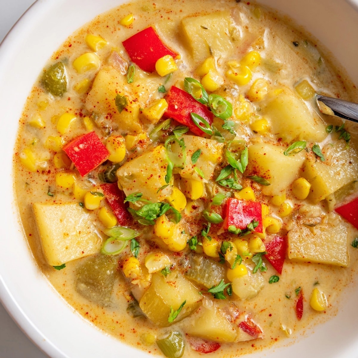 Creamy Cajun Sweet Corn Potato Chowder simmers, showing vibrant spices and hearty vegetables.
