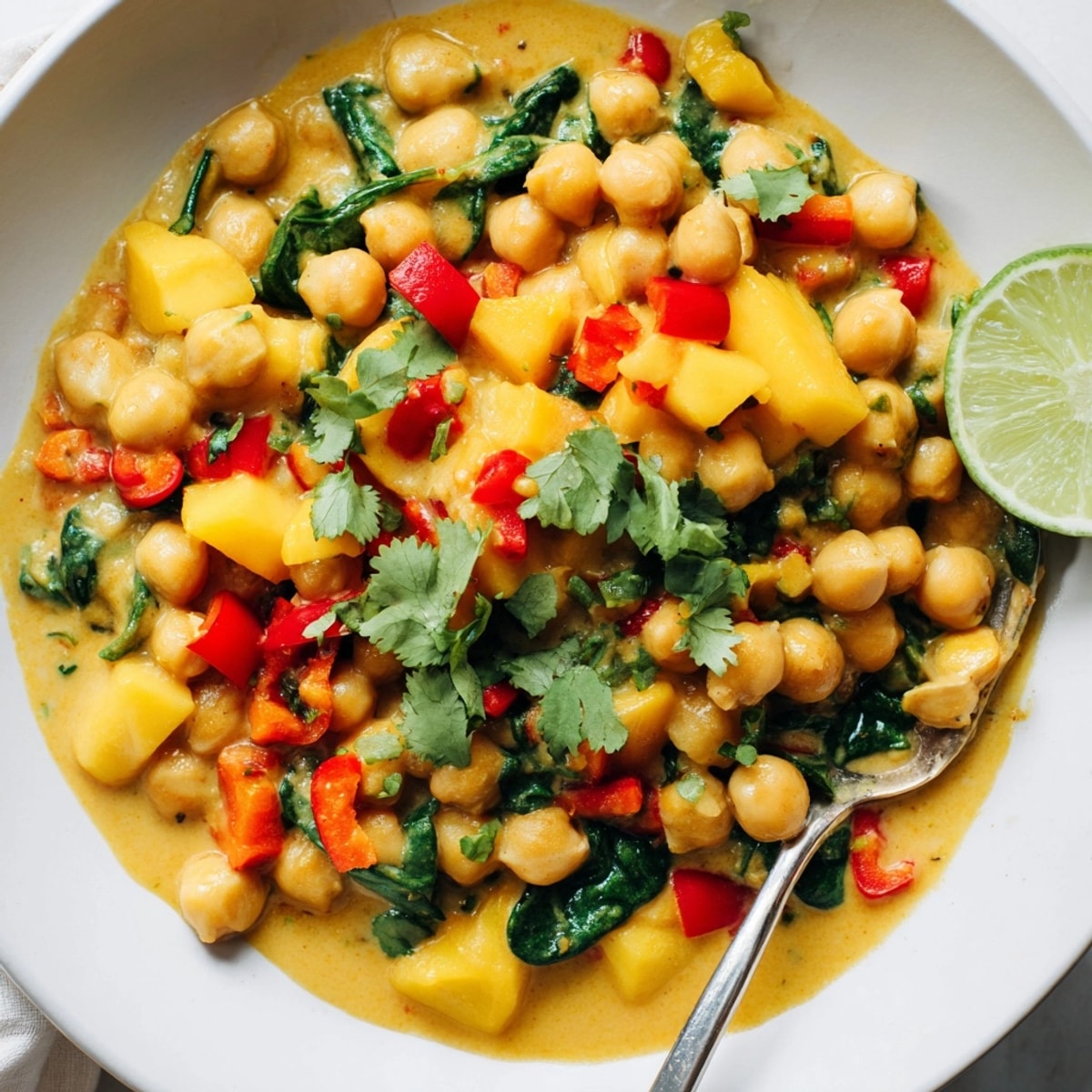 Close-up of the colorful Mango Curry Chickpea Skillet, ready to serve with cilantro.