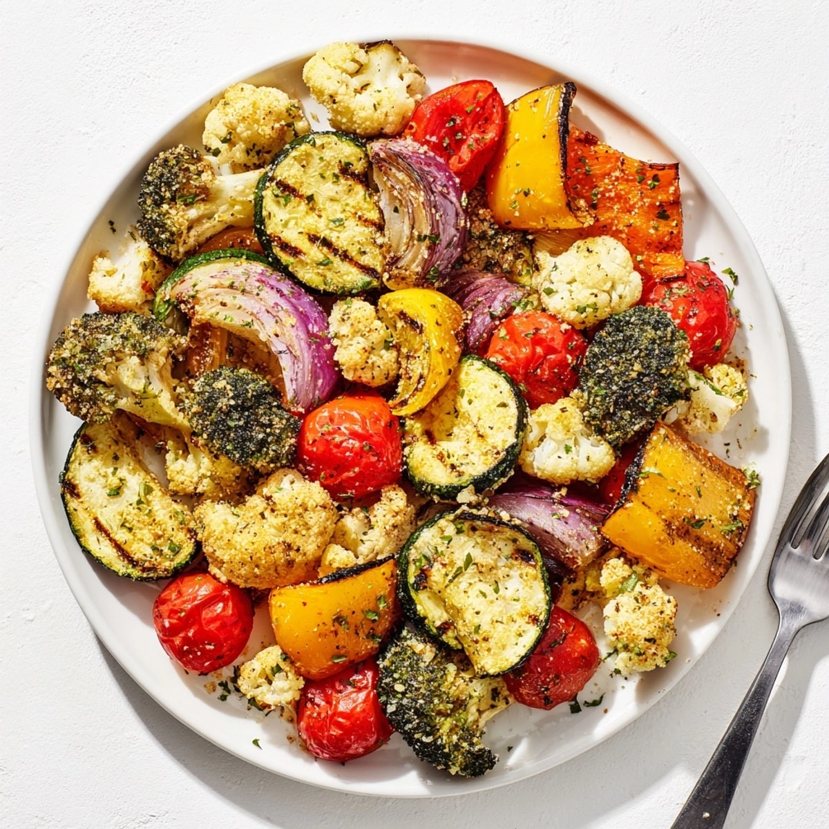 Close up of Garlic Parmesan Roasted Veggies showcasing the browned cheese and vibrant colors.