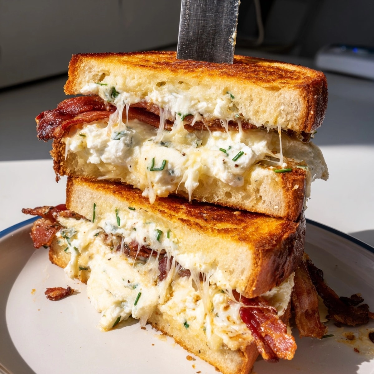 Golden Ricotta Bacon Breakfast Grilled Cheese: Melted mozzarella oozes from sourdough, bacon crisped.