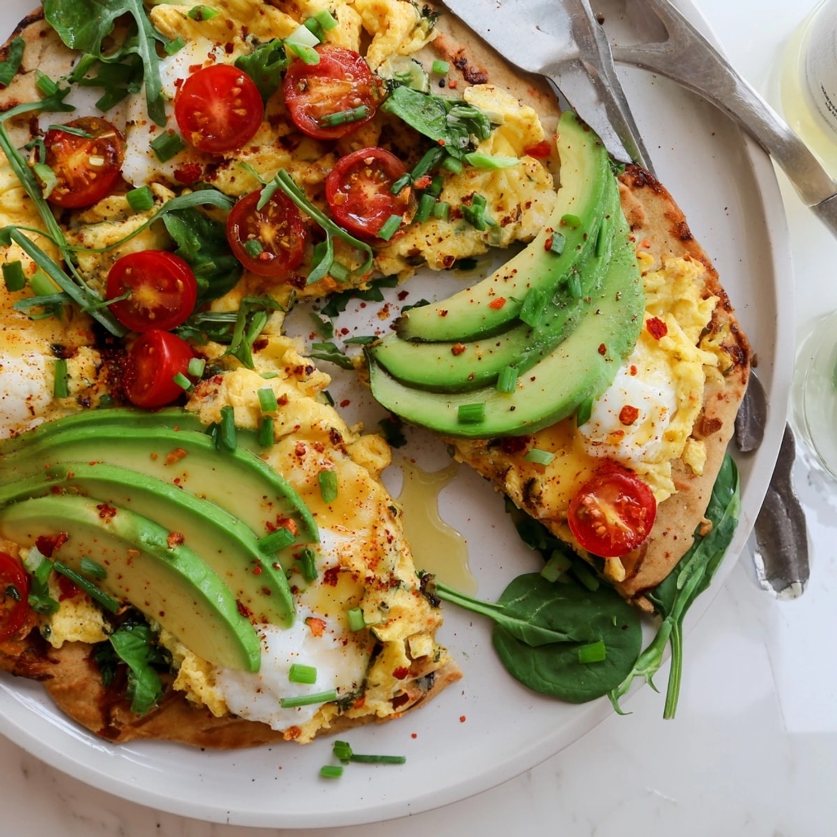 Easy Avocado Scrambled Egg Breakfast Pizza recipe with fresh tomatoes and chives, ready to serve.