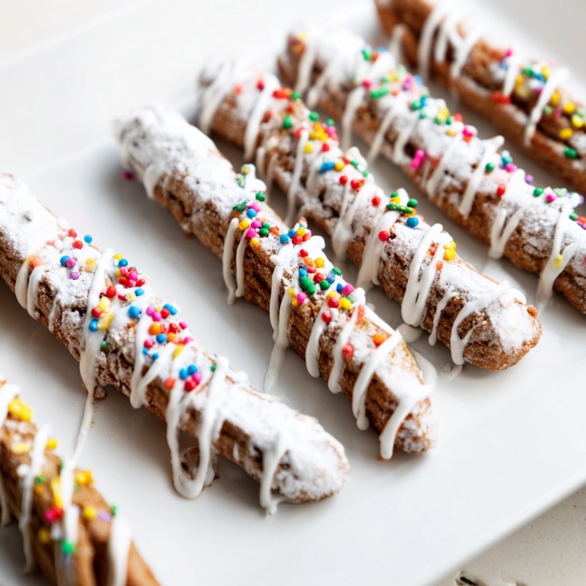 Festive Gingerbread Christmas Cookie Sticks drizzled with icing and colorful sprinkles, ready to eat.