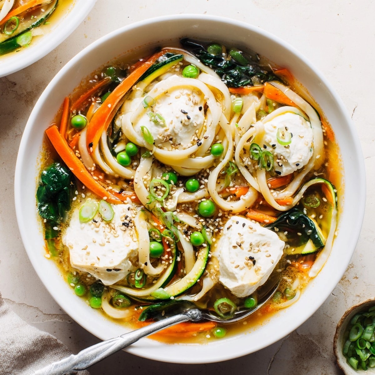 Cozy Sweet Soy Udon Lasagne Soup, a Japanese-Italian fusion, layered with ricotta drops.