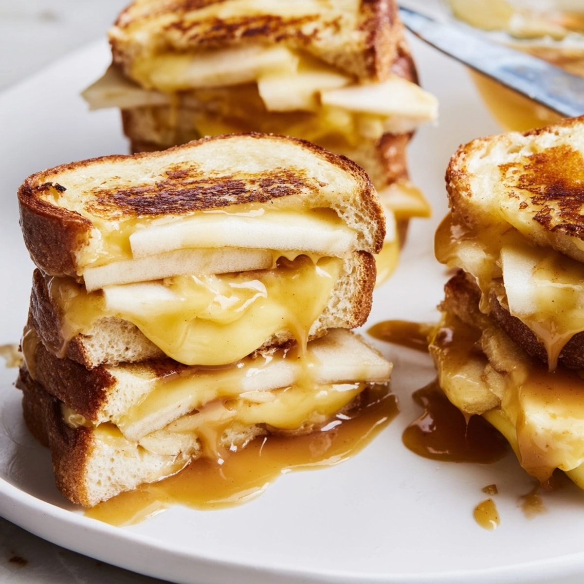 Close-up of savory-sweet Caramel Apple Mini Grilled Cheese Bites, ready for dipping.