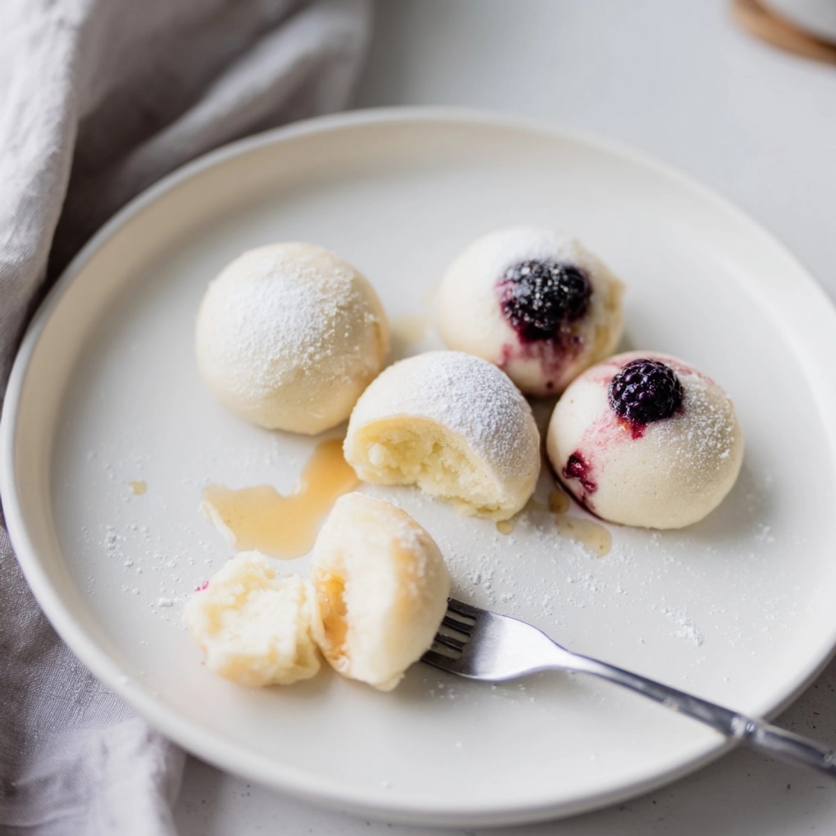 Stack of chewy Japanese Mochi Pancake Bites, dusted with powdered sugar, a sweet treat.