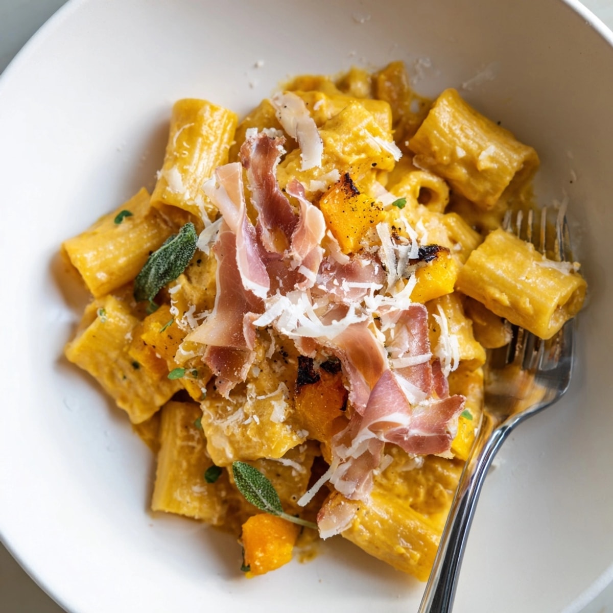 Imagine rich Roasted Pumpkin Pasta with Crispy Prosciutto – an easy fall weeknight dinner.