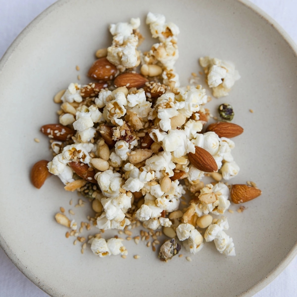 Close-up of crunchy Holiday Snack Mix: Sesame Popcorn & Miso Almonds, ready for gifting.