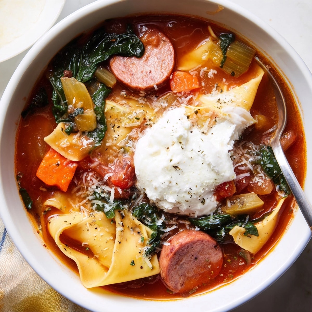 Deconstructed lasagna, Lasagne Soup simmers, aromatic with herbs, ready to ladle.