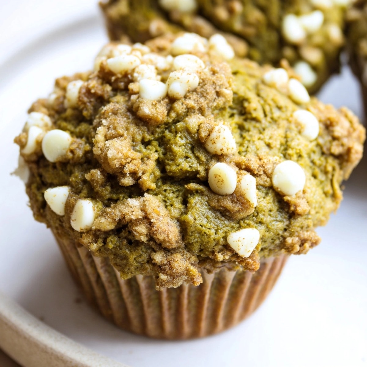 Golden Matcha White Chocolate Pumpkin Muffins cooling, studded with creamy chips and fragrant spices.