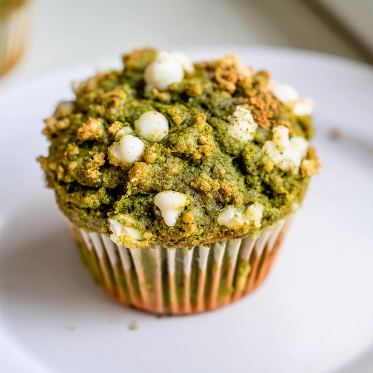A batch of rustic-looking Matcha Pumpkin Muffins drizzled with melted white chocolate—deliciously homemade.