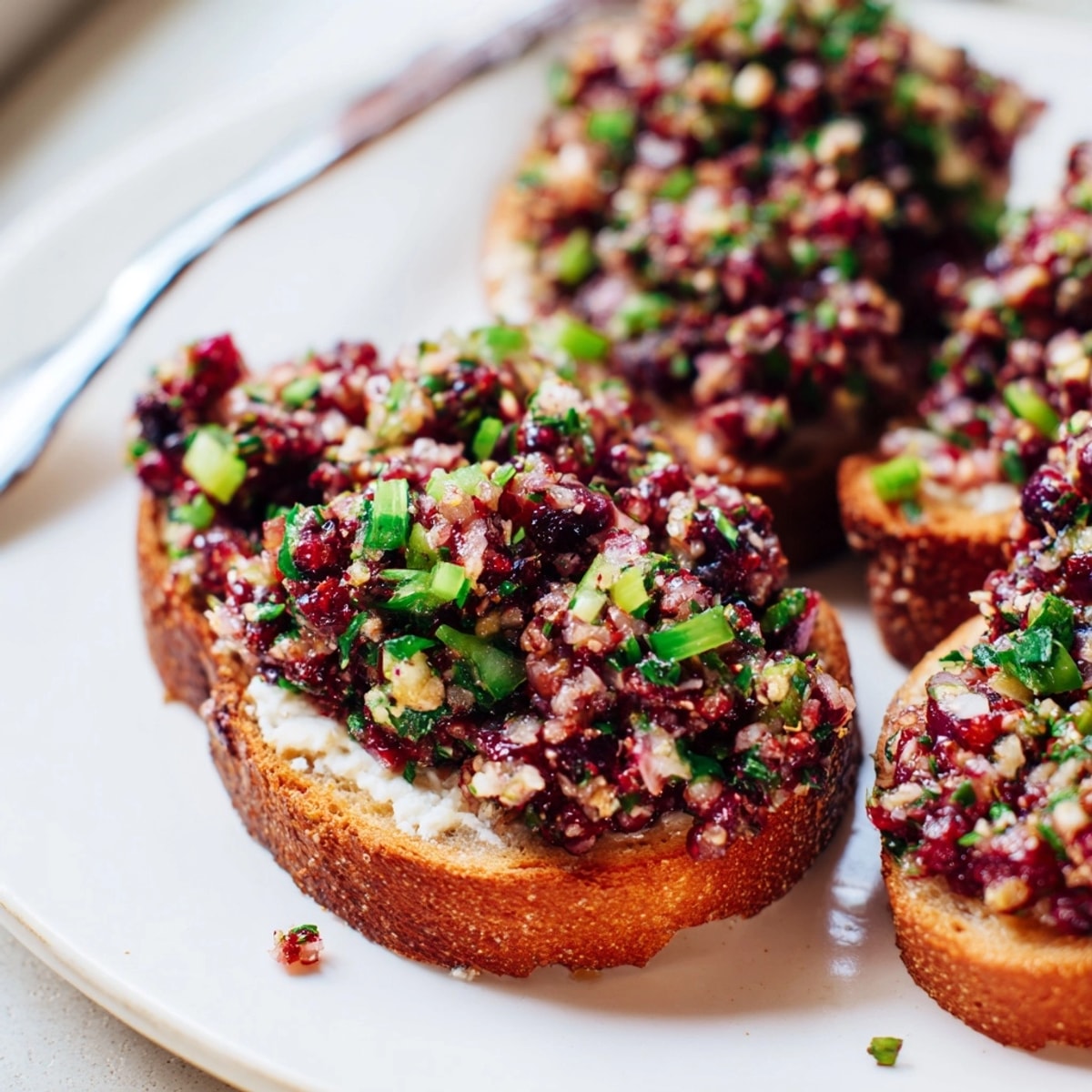 Golden, toasted crostini topped with creamy, vibrant Cranberry Jalape&#xF1;o Tapenade, ready to serve.