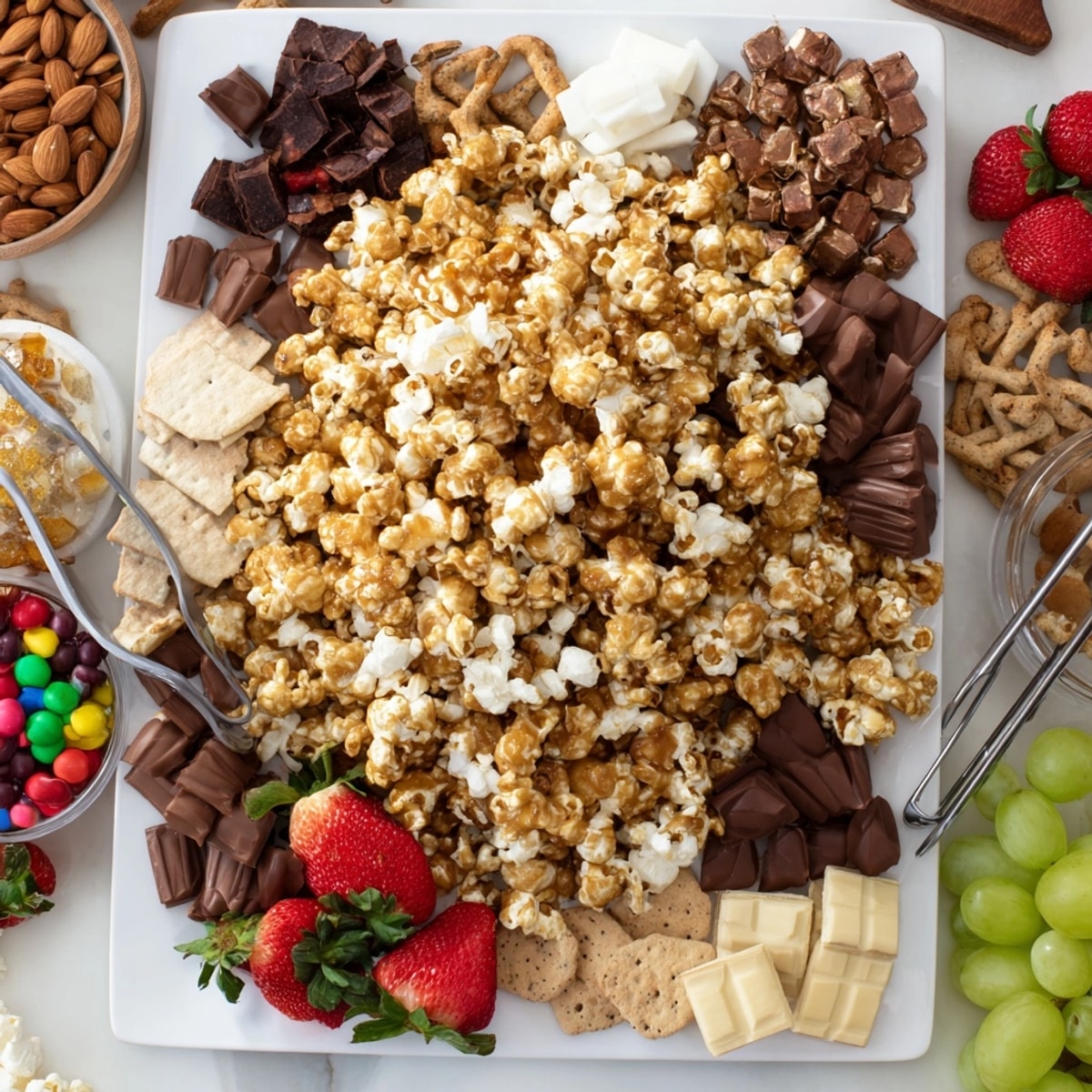 Vibrant Caramel Popcorn Charcuterie Board featuring crunchy popcorn, sweet fruits, and savory nuts.