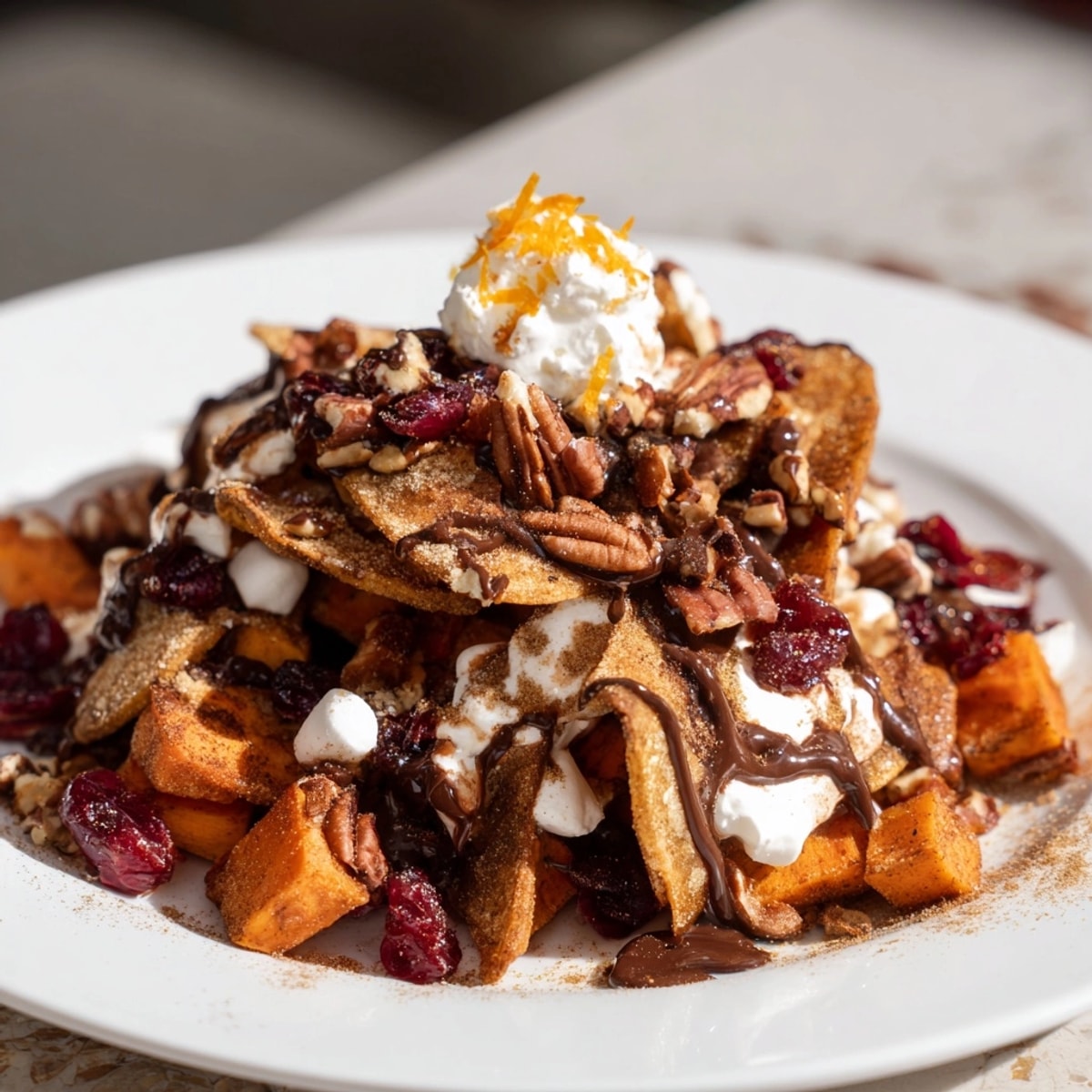 Cinnamon chips topped with sweet potato, cranberries, and chili-chocolate: Spicy Thanksgiving Dessert Nachos.