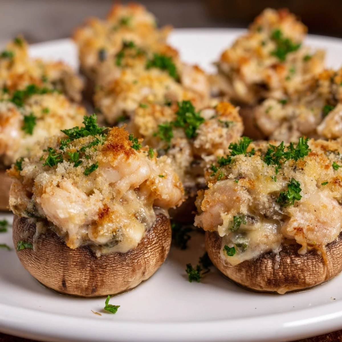 Savory shrimp Alfredo stuffed mushrooms garnished with fresh parsley, ideal for elegant gatherings.