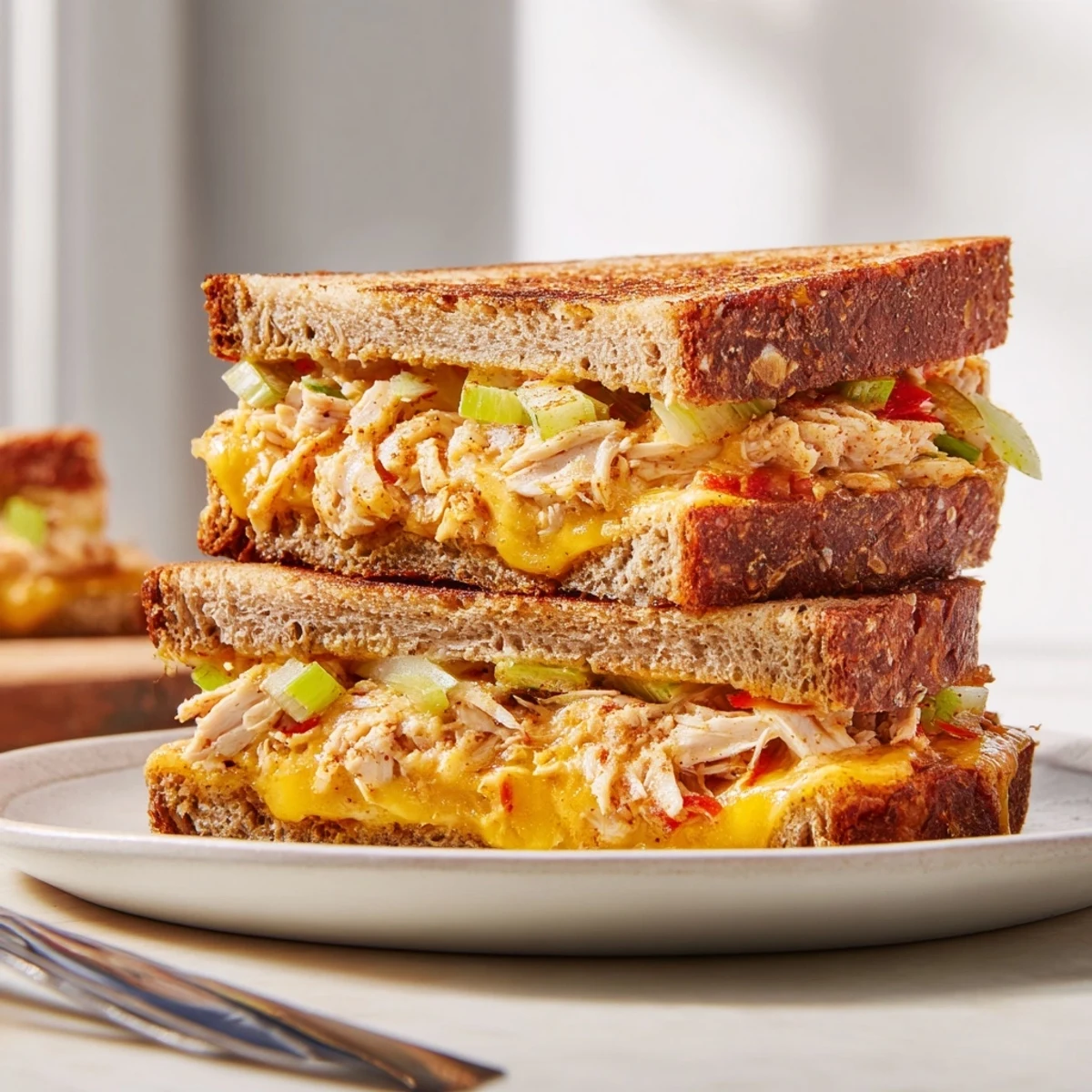 Golden brown Cajun Turkey Cheddar Toasties, combining flavorful turkey and zesty spices.  