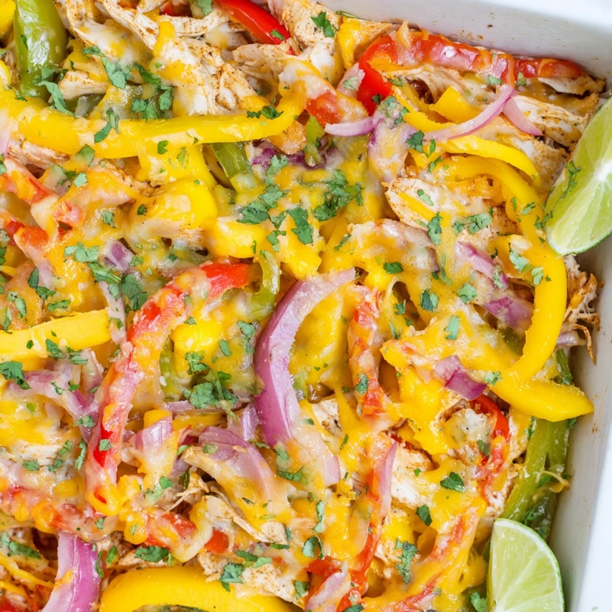 Colorful bell peppers and juicy chicken in a mango chicken fajita casserole delight.  