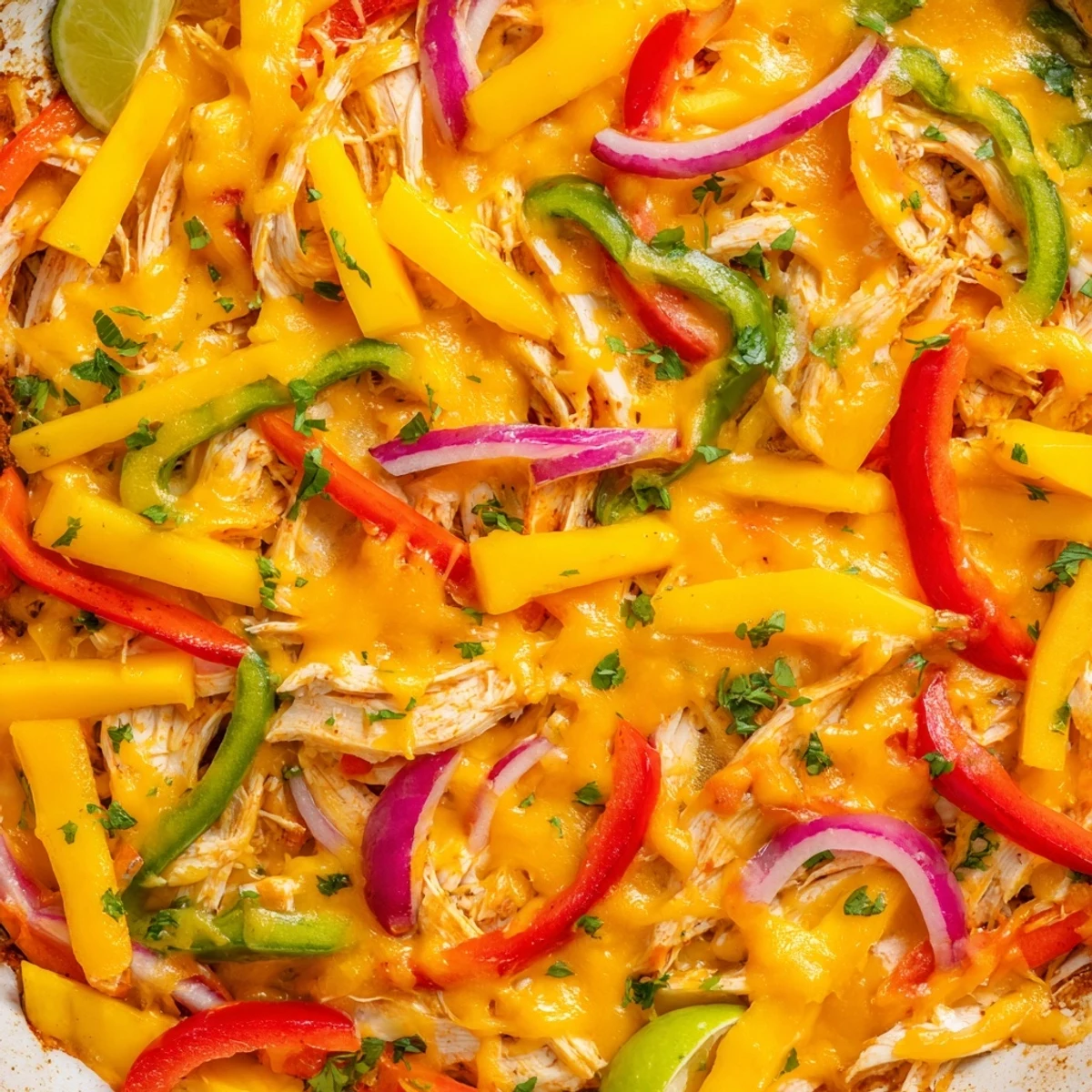 Savory mango chicken fajita casserole topped with melted cheese and fresh cilantro.  