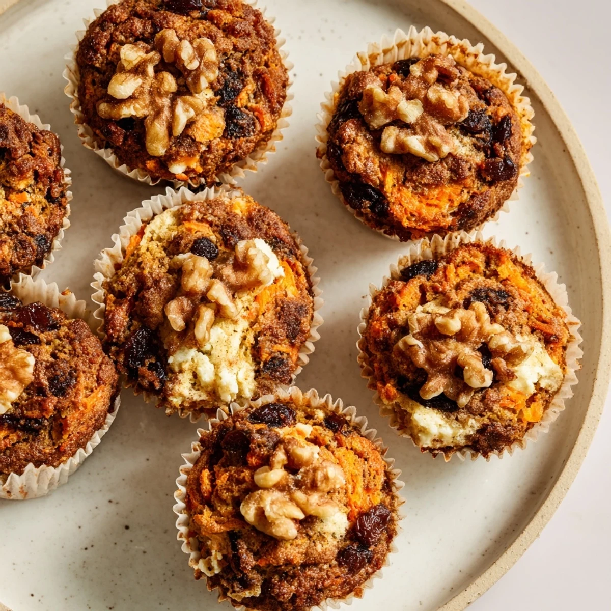 Moist Protein Carrot Cake Ricotta Muffins topped with walnuts and raisins for breakfast.  