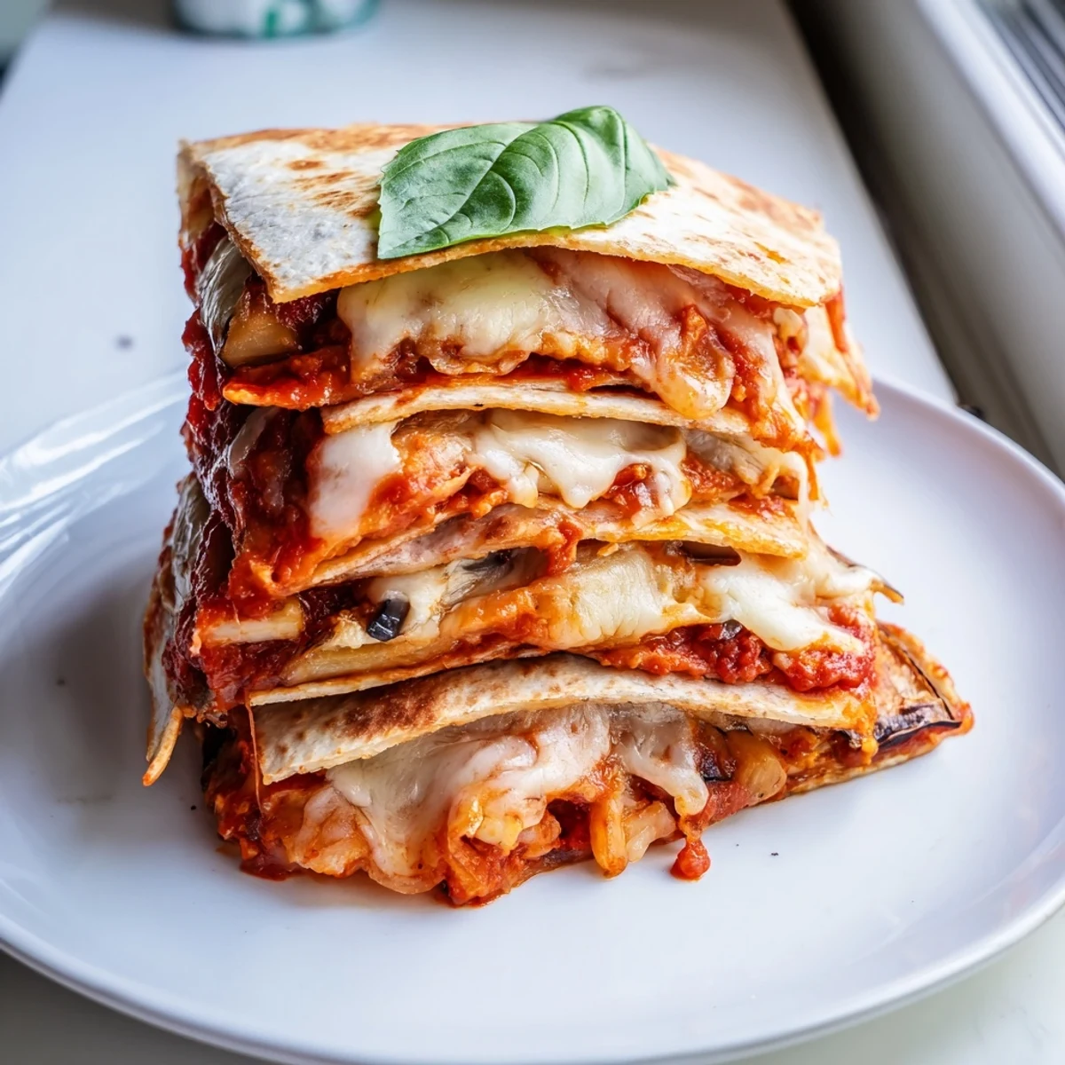 Crispy tortillas filled with Cheesy Eggplant Parmesan Quesadillas, bursting with melty cheese goodness.  