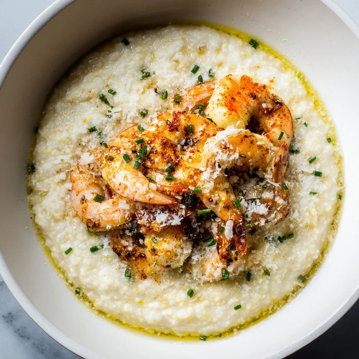Savory shrimp Parmesan grits bowl, offering a comforting Southern culinary experience.  