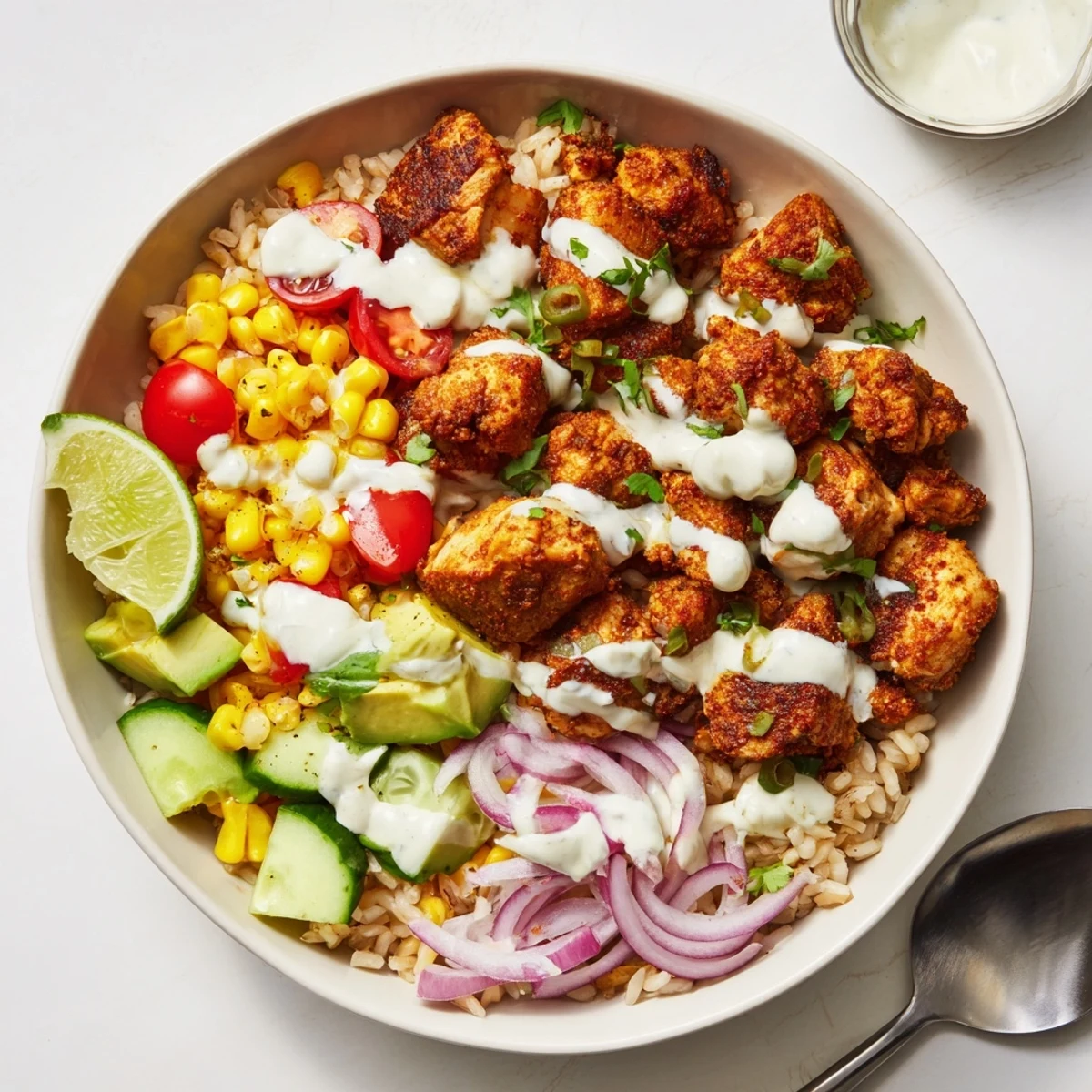 Colorful Cajun Chicken Ranch Rice Bowls, bursting with juicy chicken and fresh ingredients.