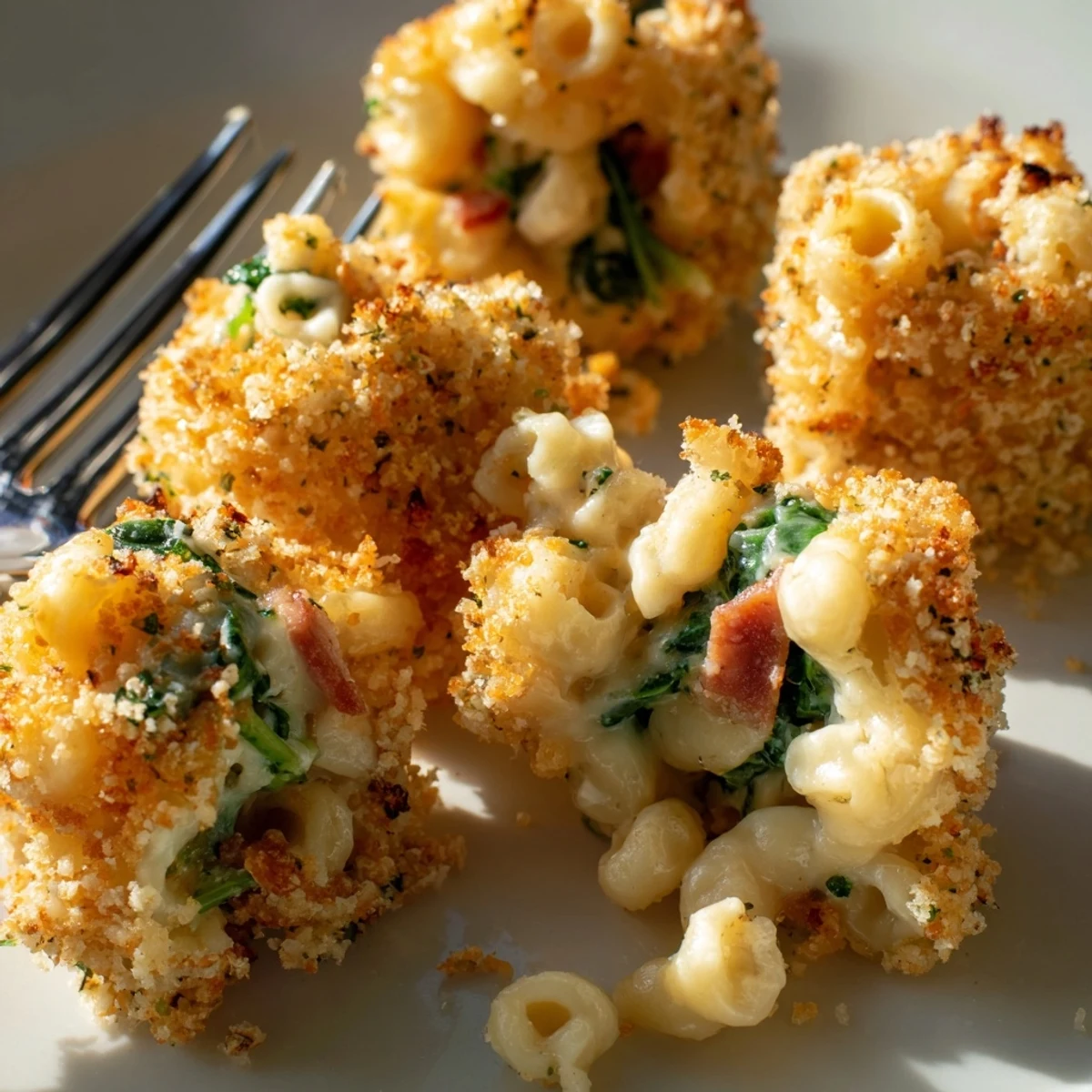 Crispy Mac and Cheese Bacon Spinach Poppers served with tangy dipping sauce.  