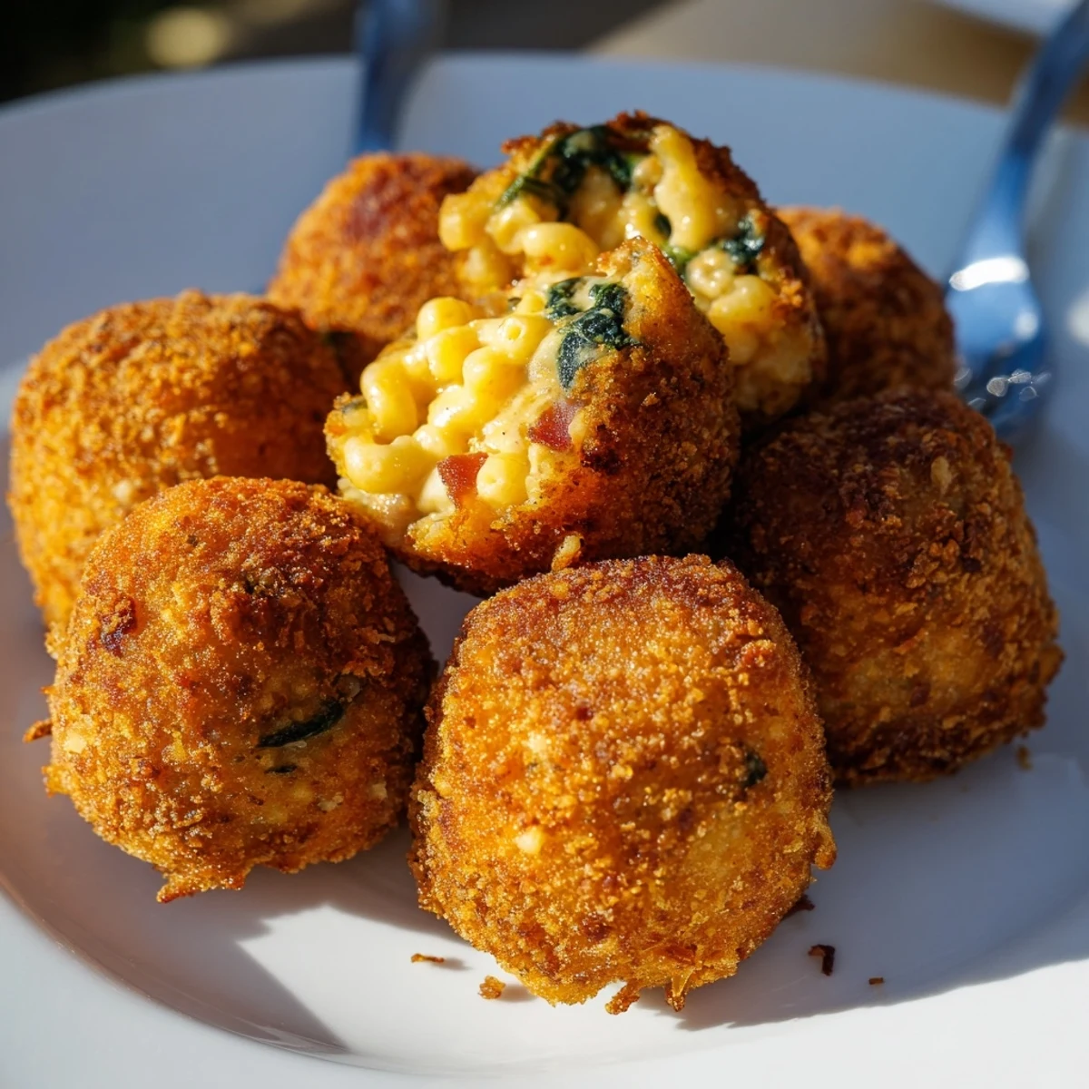 Delicious bite-sized Mac and Cheese Bacon Spinach Poppers with a crunchy crust.  