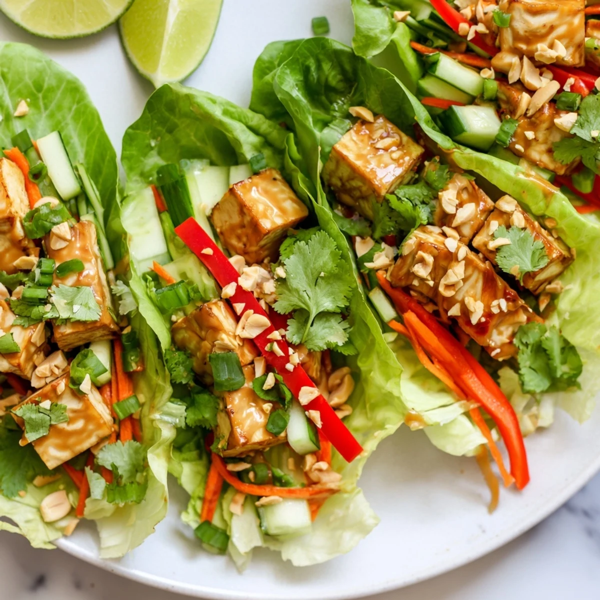 Colorful and crunchy Thai Peanut Tofu Lettuce Wraps with vibrant vegetables and peanuts.  