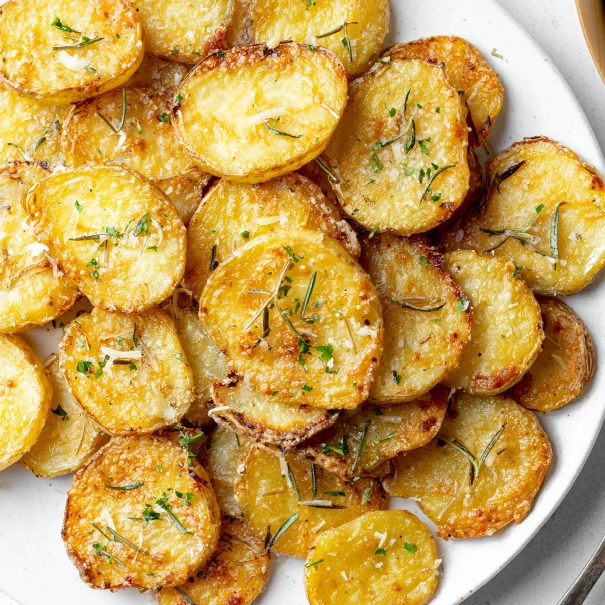 Golden, crispy Garlic Rosemary Potato Rounds garnished with fresh parsley and Parmesan.  