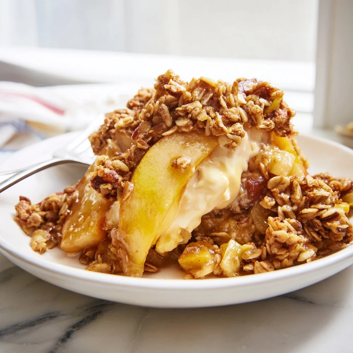 Cozy up with a serving of Ricotta Apple Granola Crisp, rich in flavor and texture.