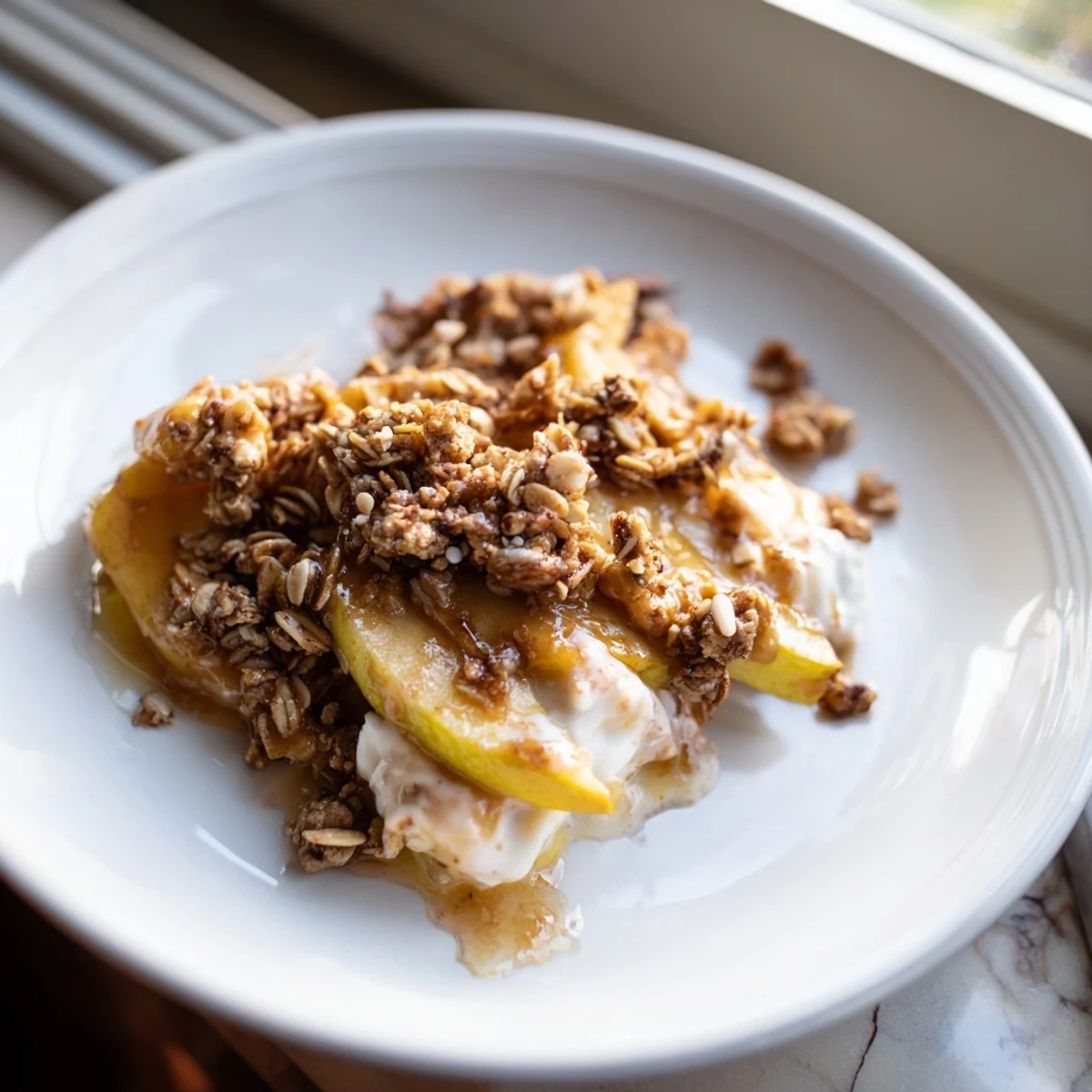 Deliciously baked Ricotta Apple Granola Crisp with creamy ricotta and tender apples.  