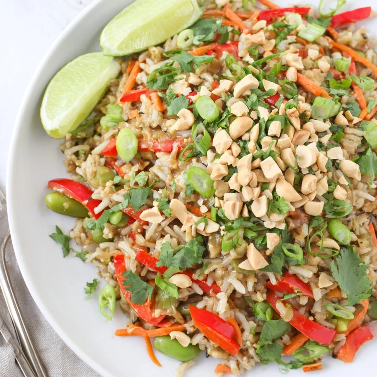 Vibrant Thai Peanut Wild Rice Pilaf garnished with crunchy vegetables and fresh lime wedges.  