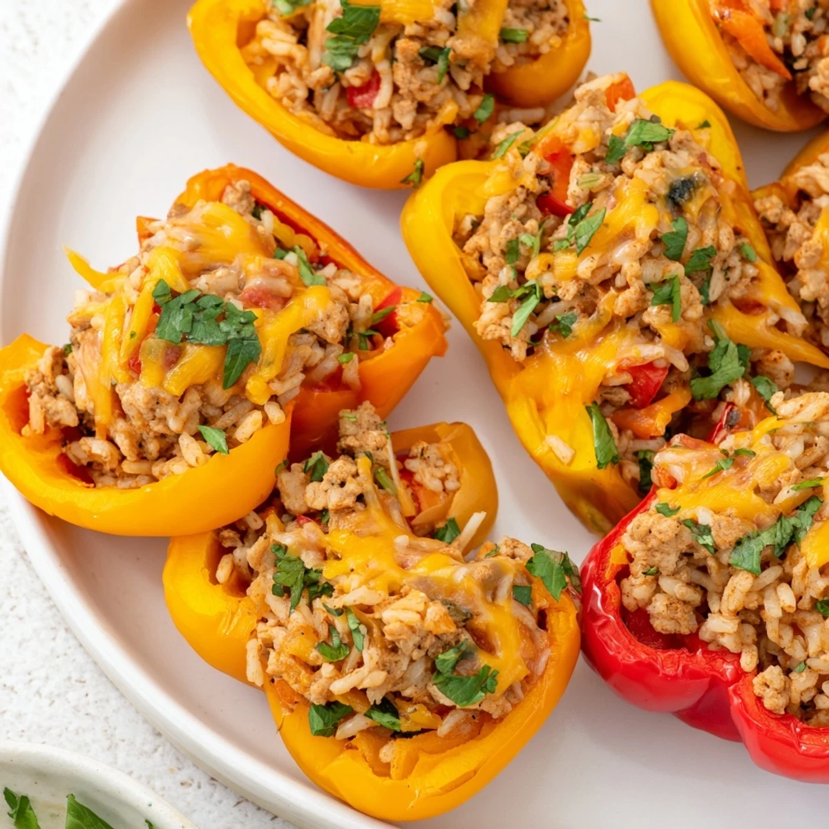 Colorful Cajun turkey stuffed sweet peppers, baked to a tender perfection, ready to enjoy.  