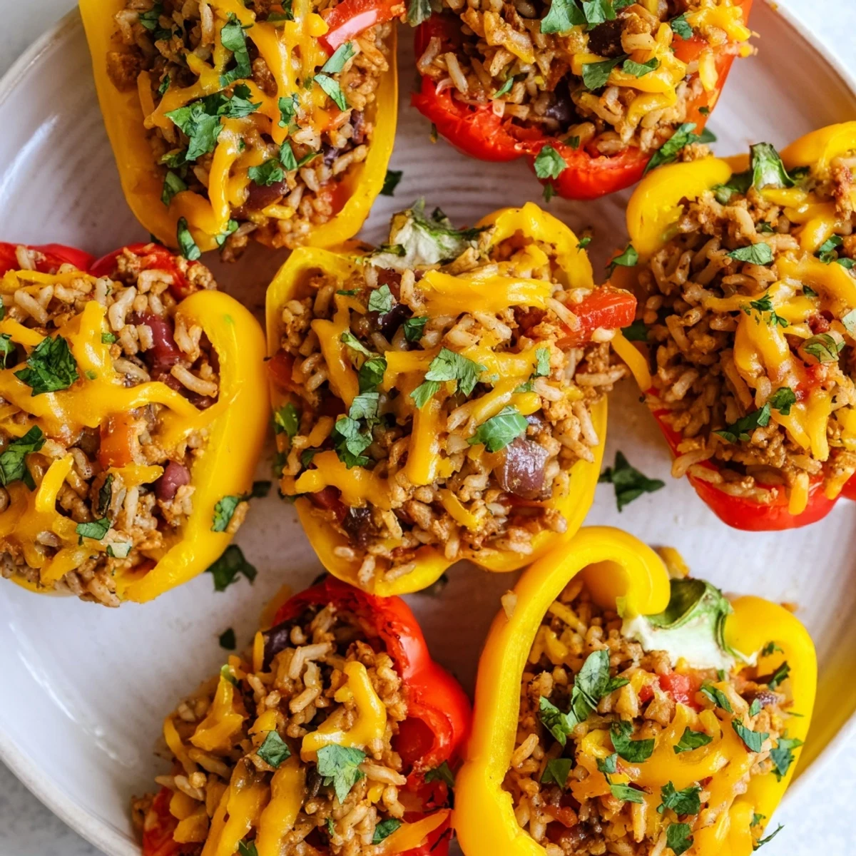 Hearty Cajun turkey stuffed sweet peppers topped with cheese, perfect for a delicious meal.