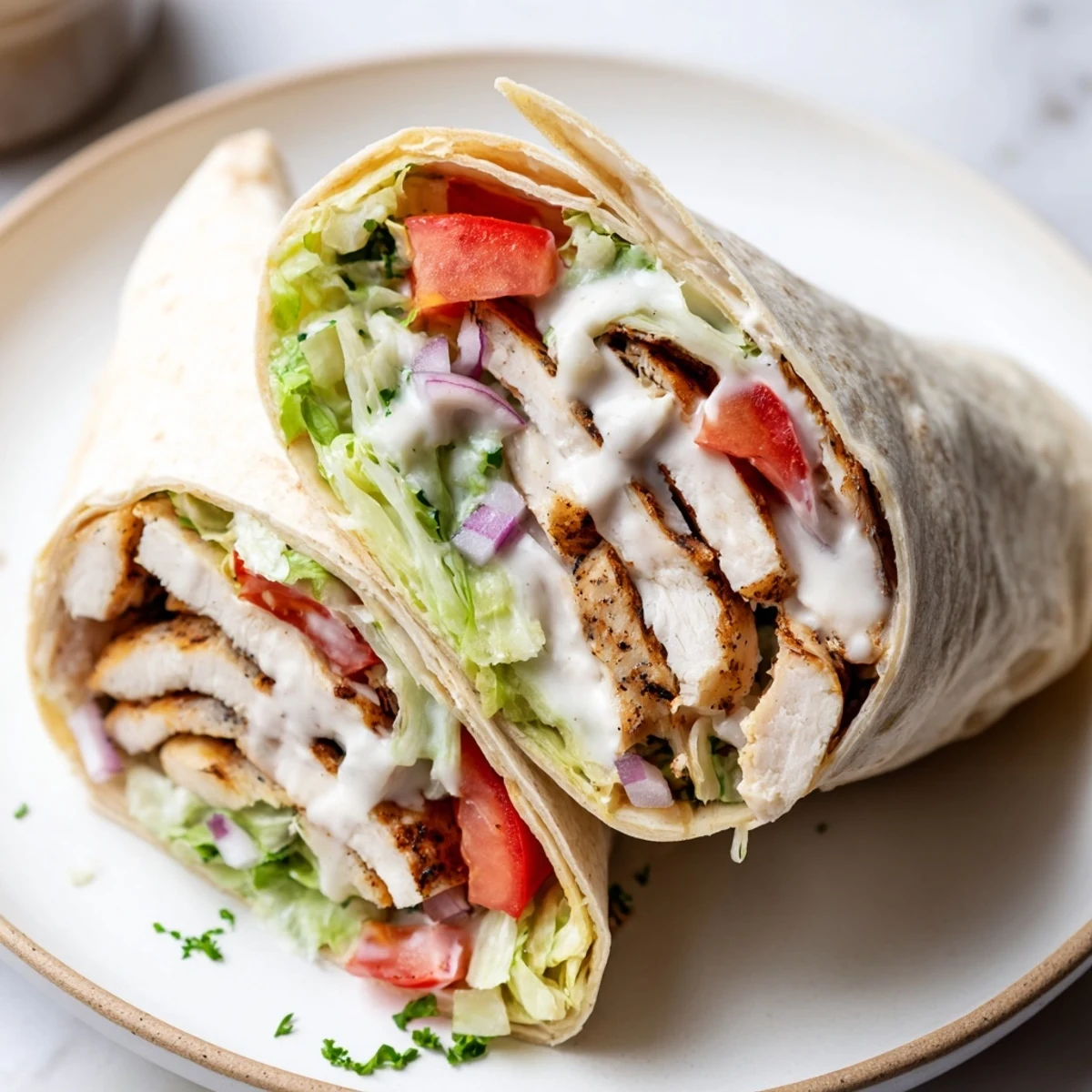 Tender Garlic Herb Chicken Alfredo Wraps drizzled with creamy sauce, fresh veggies peeking through.  