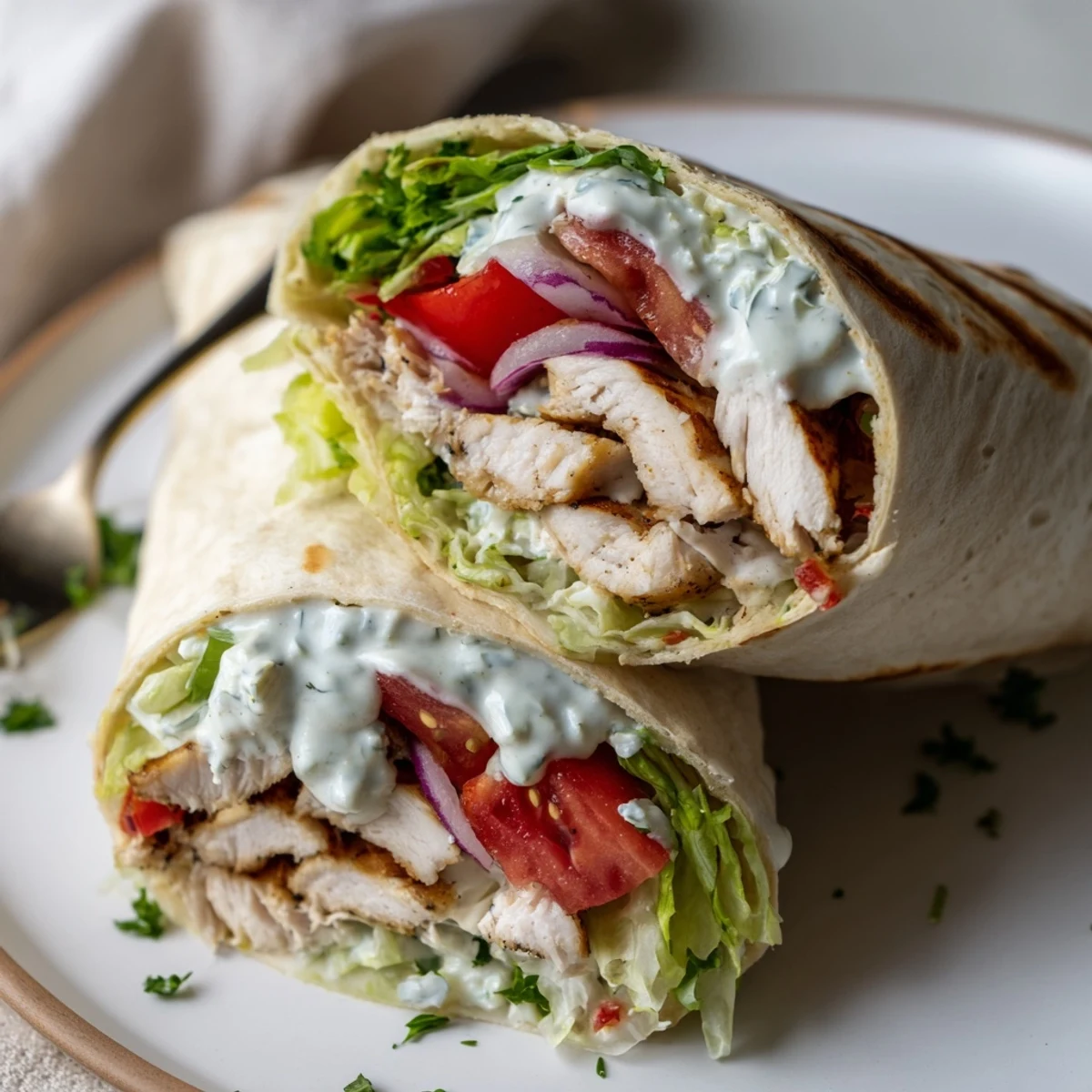 Delicious Garlic Herb Chicken Alfredo Wraps featuring grilled chicken, creamy sauce, and lettuce.  