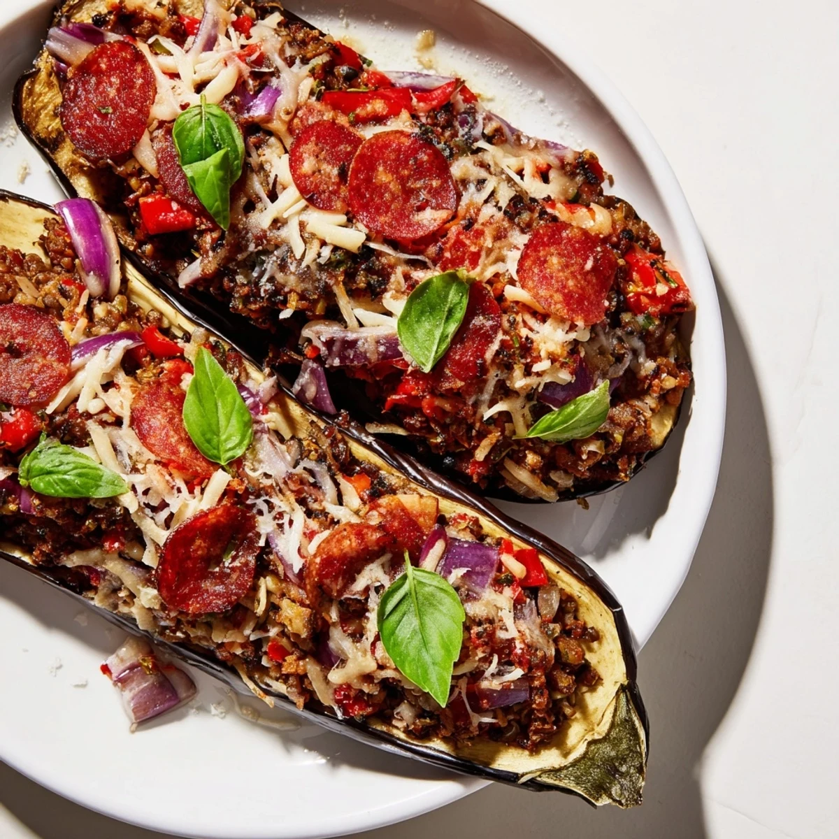 Savory Protein Eggplant Pizza Boats topped with melted cheese and fresh basil garnish.  