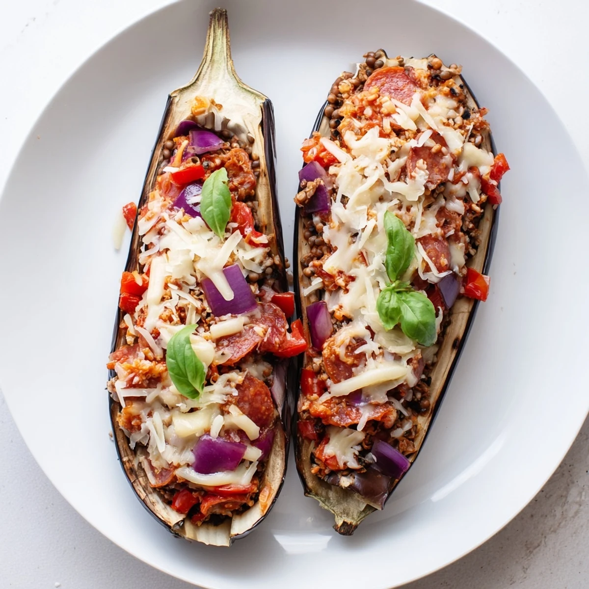 Healthy Protein Eggplant Pizza Boats, perfect for a satisfying vegetarian meal, served hot.