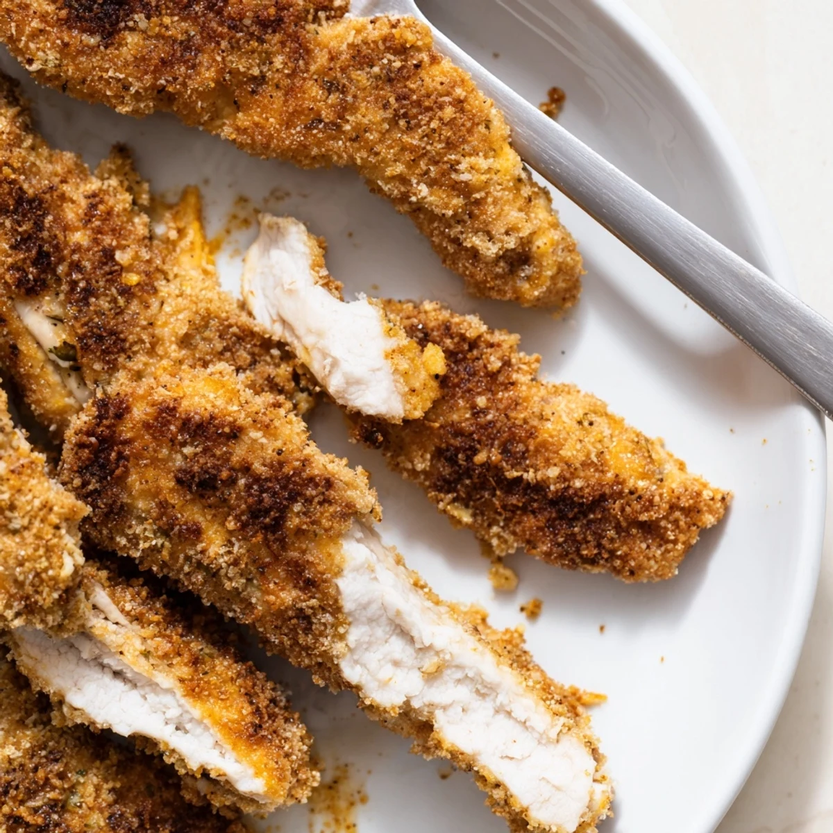 Juicy Pickle Ranch Chicken Tenders coated in crispy ranch breading, served hot.  