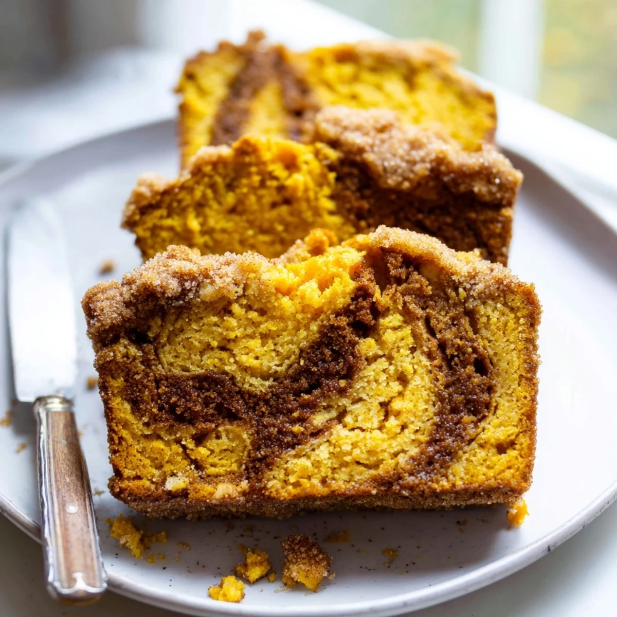 Slice of churro pumpkin snickerdoodle bread, warm and fragrant, ready for cozy breakfasts.  