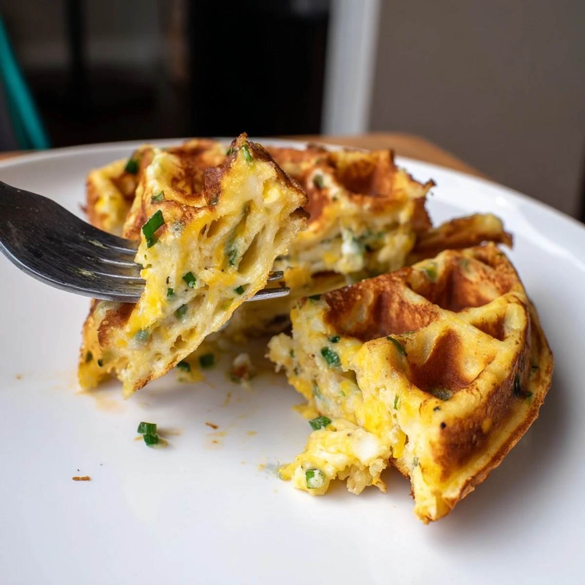 Fluffy Cheddar Jalapeño Biscuit Waffles served steaming hot with melted butter.  