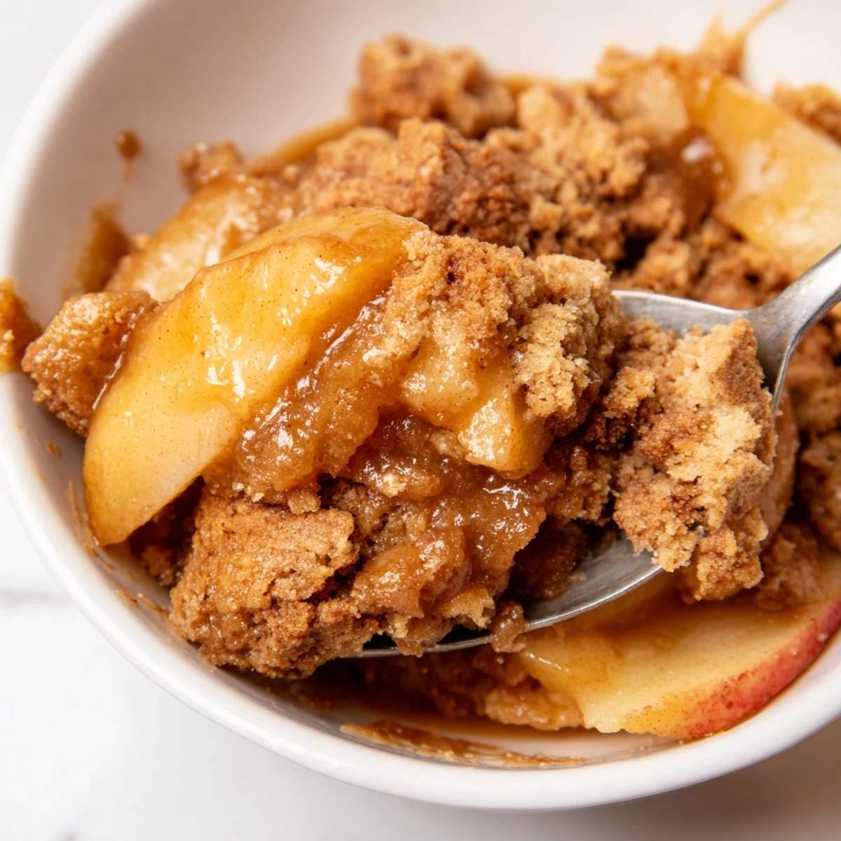 Warm Gingerbread Caramel Apple Cobbler topped with vanilla ice cream, inviting autumn flavors.