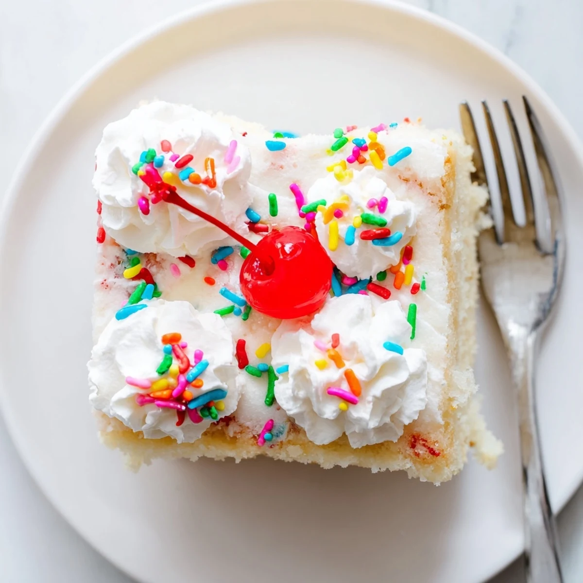 Classic Soda Float Sheet Cake topped with creamy frosting and colorful sprinkles.  
